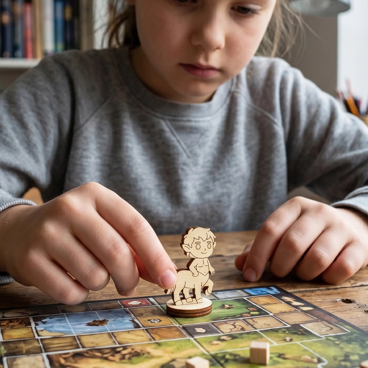 A child places a laser cut plywood centaur figurine onto a colorful board game map, showing the item scale for tabletop gaming.