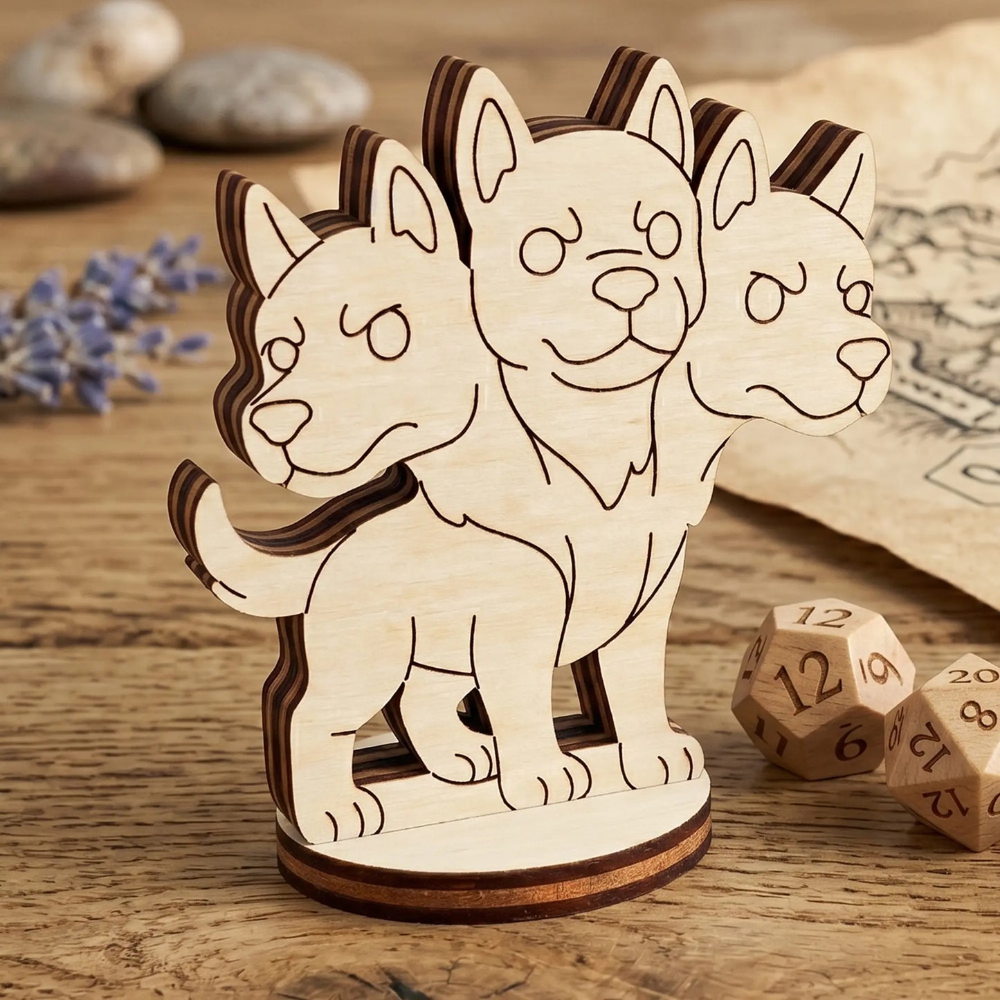 Close-up of a laser cut plywood Cerberus figurine showing engraved details, standing on wood near lavender and wooden D12 dice.