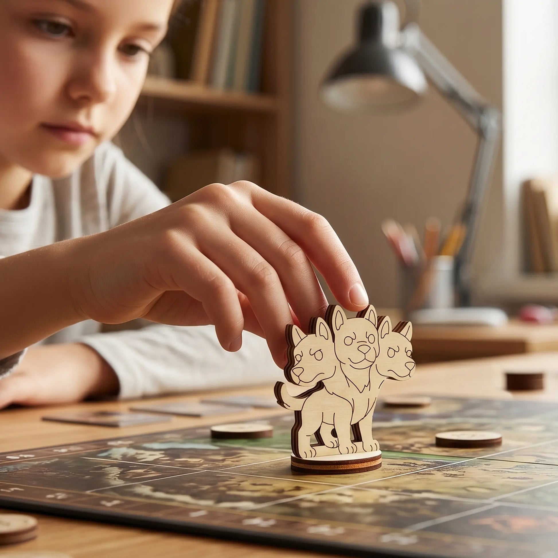 A child’s hand moves a laser cut plywood Cerberus miniature across a fantasy board game map, showing scale for tabletop gaming.