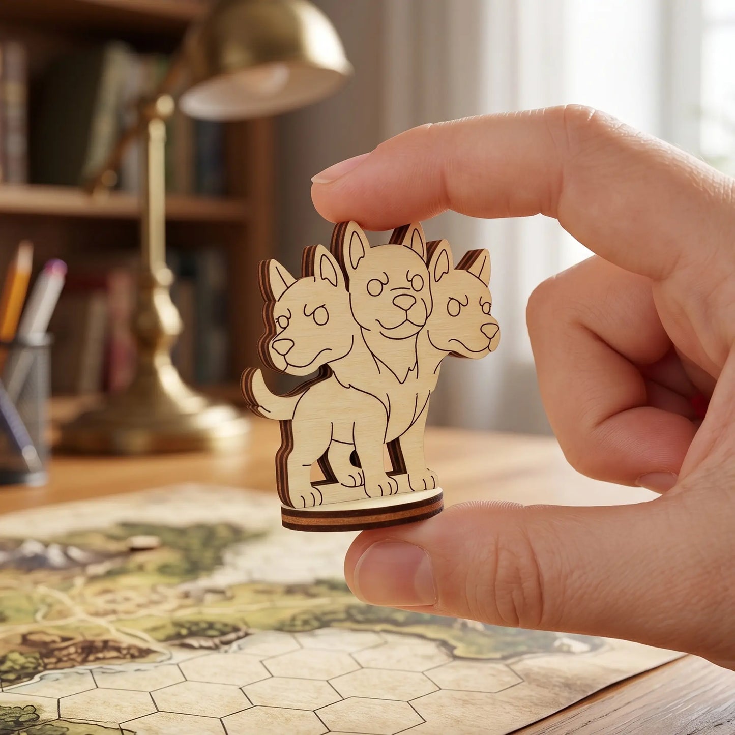 Close-up of a hand holding a small Cerberus figurine made of laser cut plywood over a hex map, highlighting the layered wood edges.