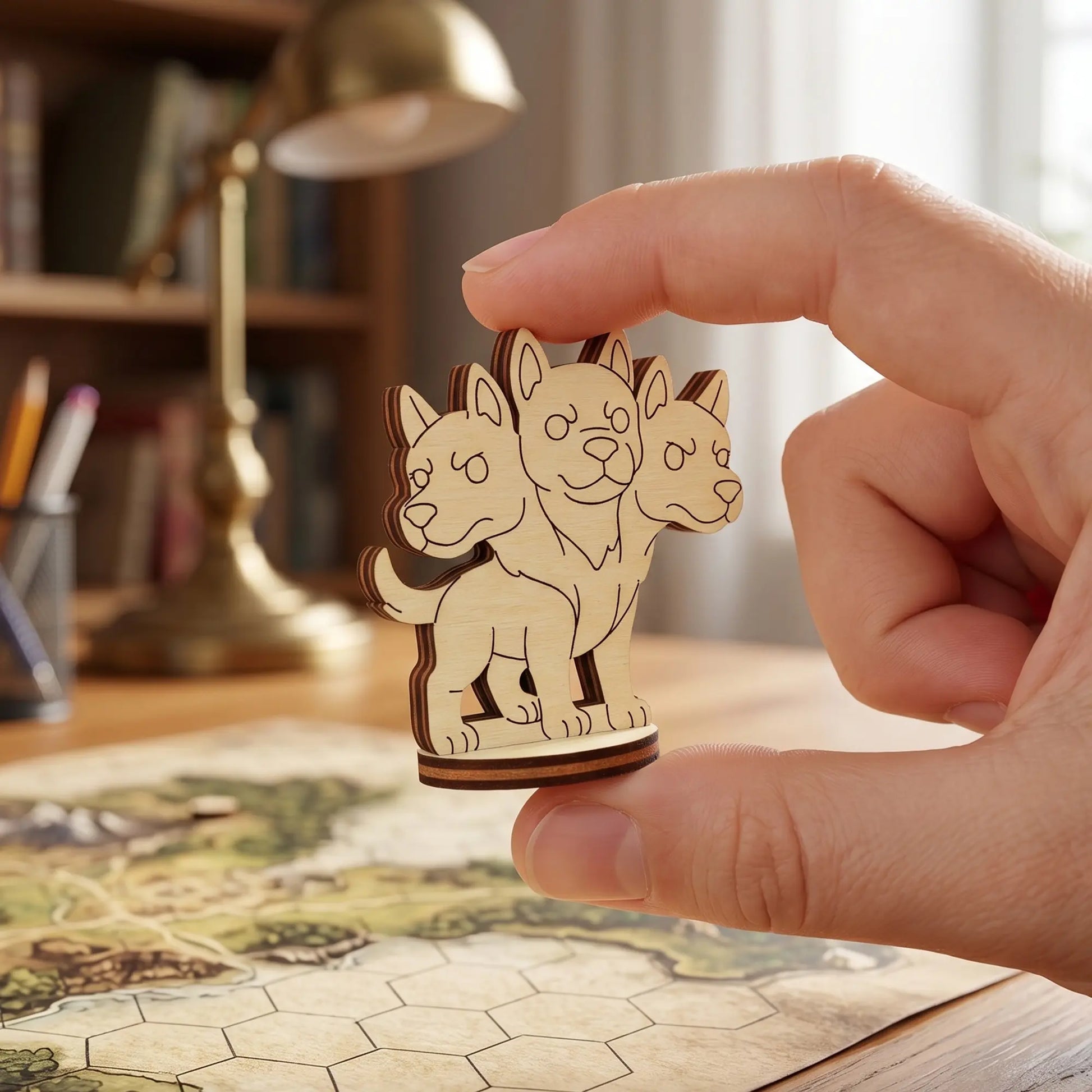 Close-up of a hand holding a small Cerberus figurine made of laser cut plywood over a hex map, highlighting the layered wood edges.