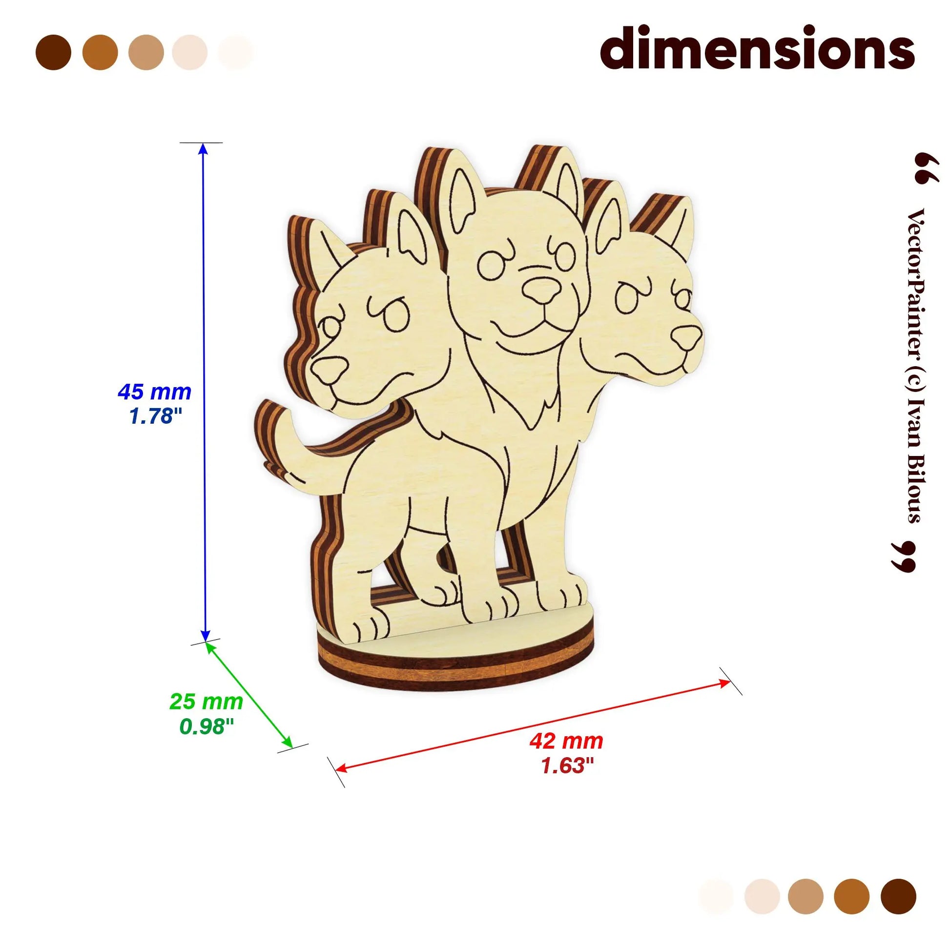 Dimensions for a laser cut plywood Cerberus figurine: 45mm height, 42mm width, and 25mm base diameter. Scale diagram included.