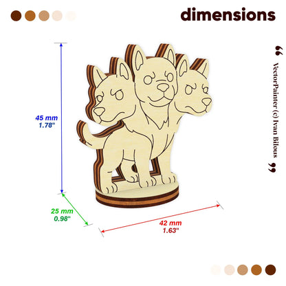 Dimensions for a laser cut plywood Cerberus figurine: 45mm height, 42mm width, and 25mm base diameter. Scale diagram included.