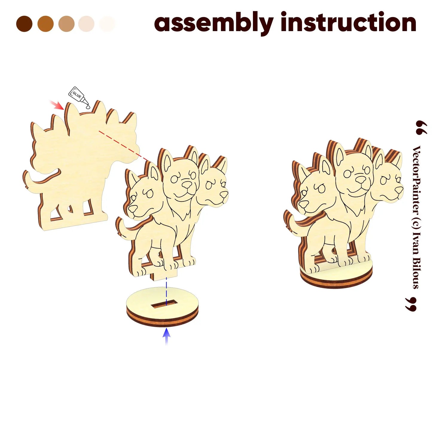 Assembly guide for a Cerberus figurine, showing how to glue and join the laser cut plywood body layers and fit them into the base.