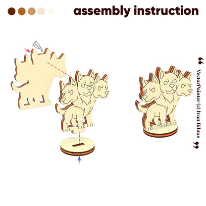 Assembly guide for a Cerberus figurine, showing how to glue and join the laser cut plywood body layers and fit them into the base.