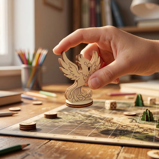 Hand placing a laser cut plywood phoenix miniature on a grid board game map, surrounded by game tokens and colorful pencils.