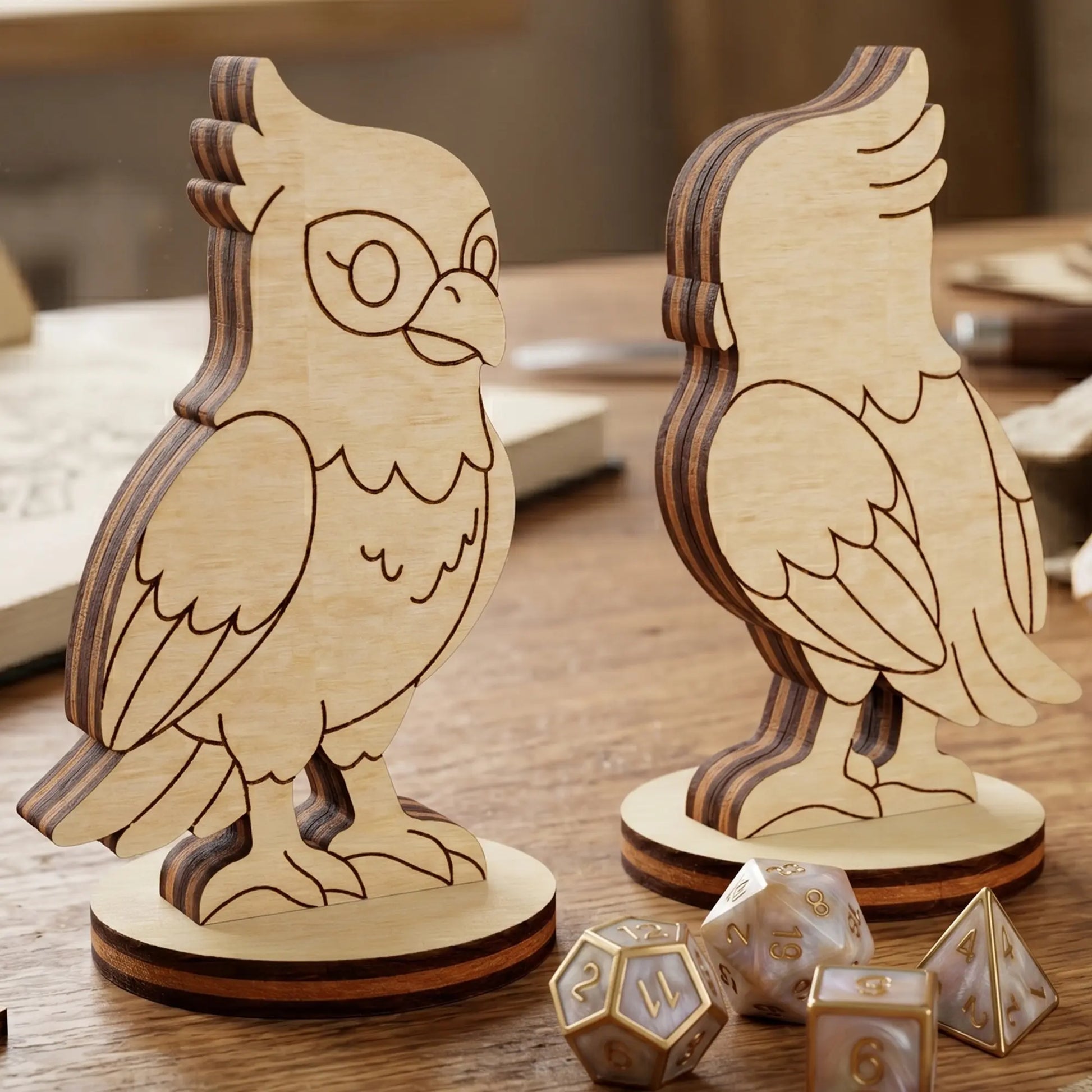 Front and back views of a falcon bird figurine in laser cut plywood, standing on a wooden table with pearl-colored RPG dice