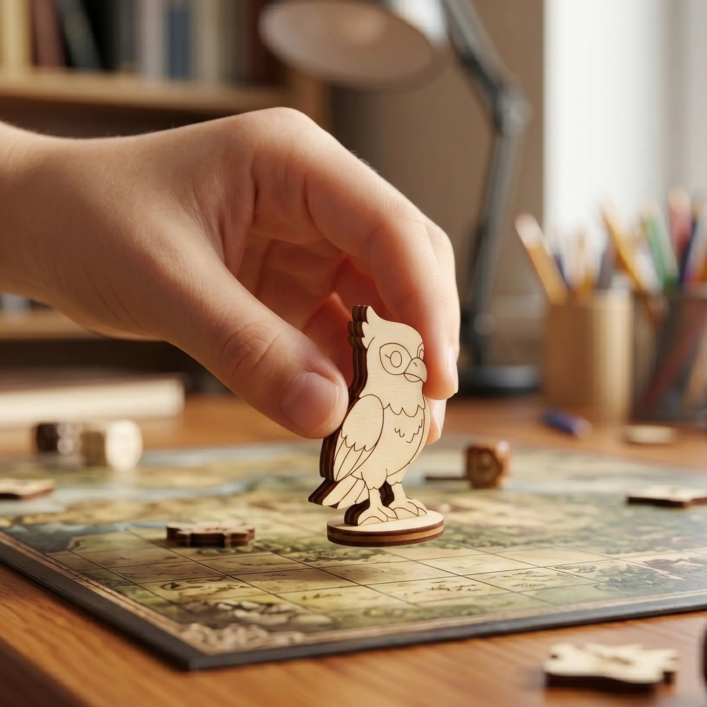 Hand holding a laser cut plywood falcon figurine above a fantasy board game map to show scale and detailed wood engraving.