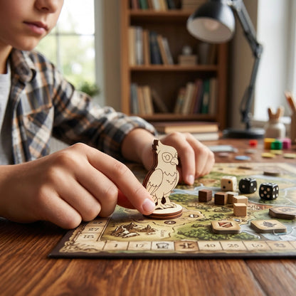 A child moves a laser cut plywood falcon bird figurine across a tabletop game board with wooden dice and miniature scenery.