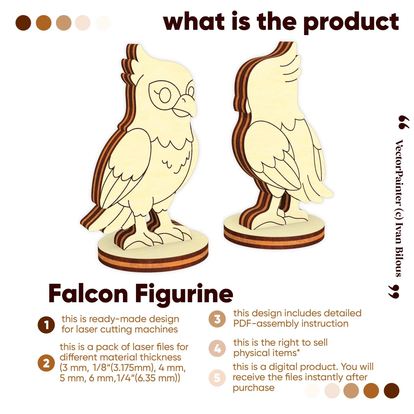Infographic for a falcon figurine laser cut plywood digital file, showing front and back views with product feature list