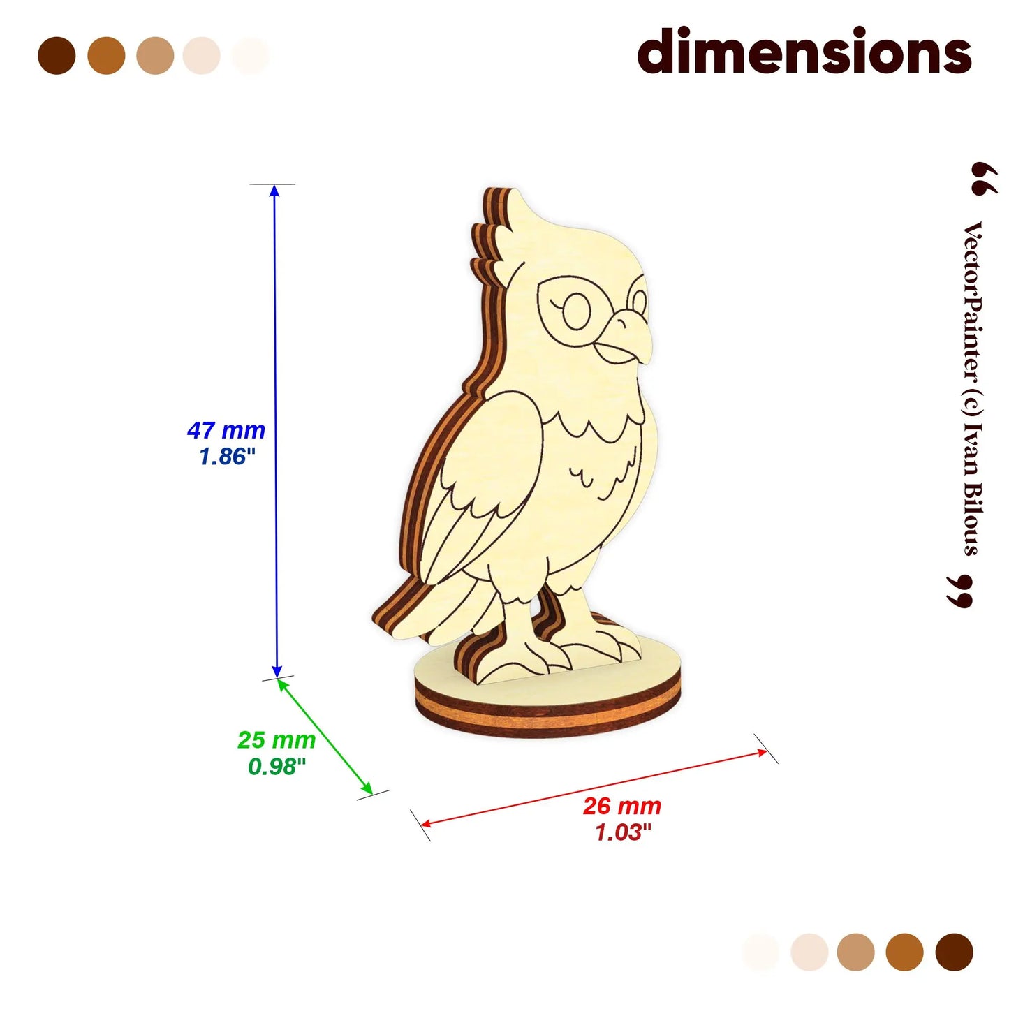 Dimensions diagram for the falcon figurine in laser cut plywood: 47mm height, 26mm length, and 25mm base diameter scale