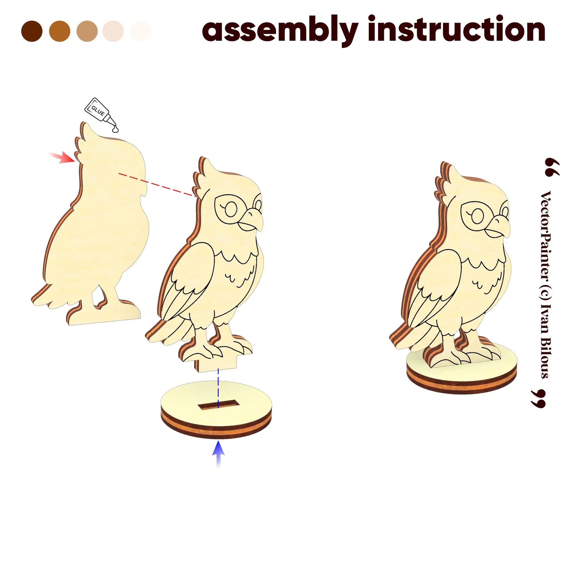 Detailed assembly guide for the falcon figurine: exploded view showing how to glue laser cut plywood layers and fit into base