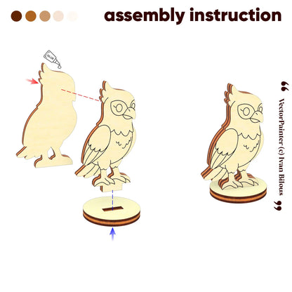 Detailed assembly guide for the falcon figurine: exploded view showing how to glue laser cut plywood layers and fit into base