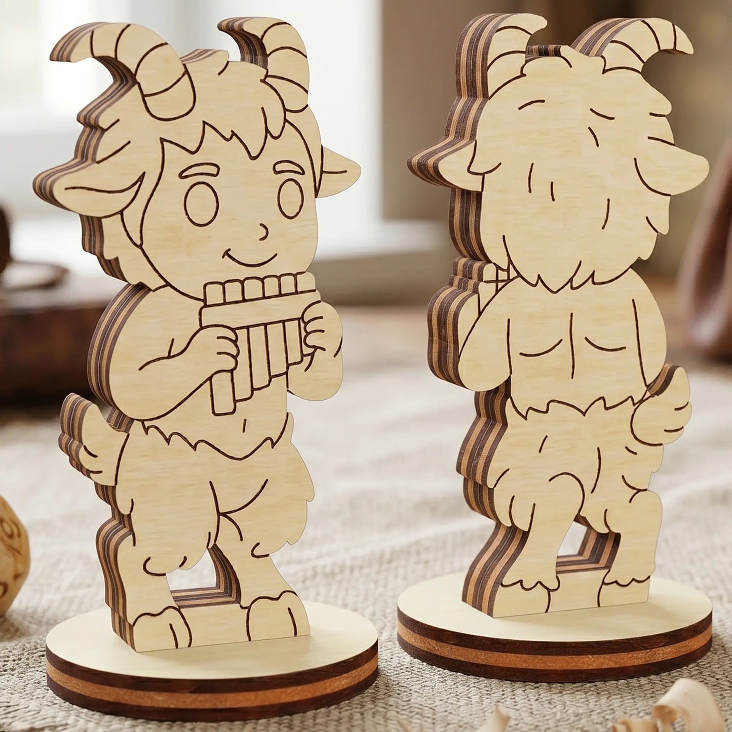 Front and back of a laser cut plywood faun figurine playing panpipes, showing wood grain details on a rustic linen table