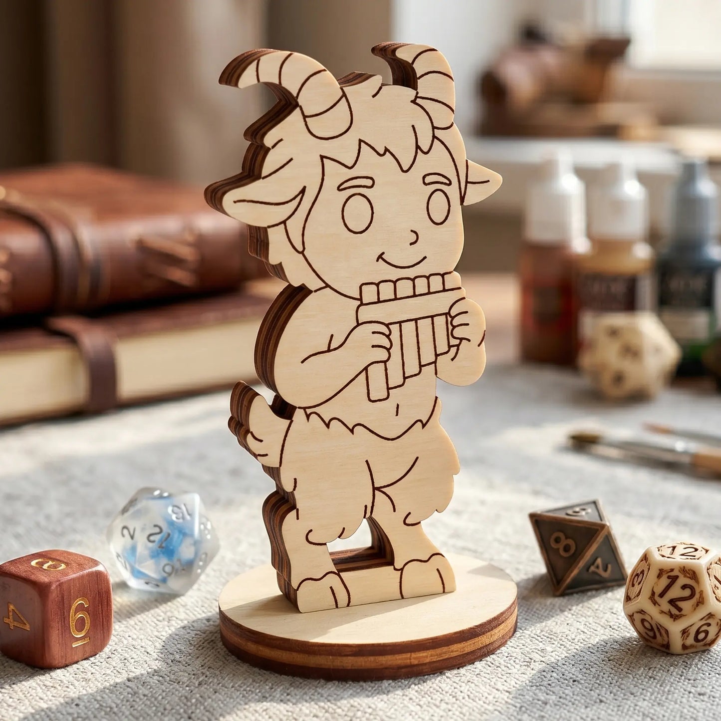 Cute laser cut plywood faun figurine with panpipes, standing among polyhedral RPG dice and leather journals on a table.