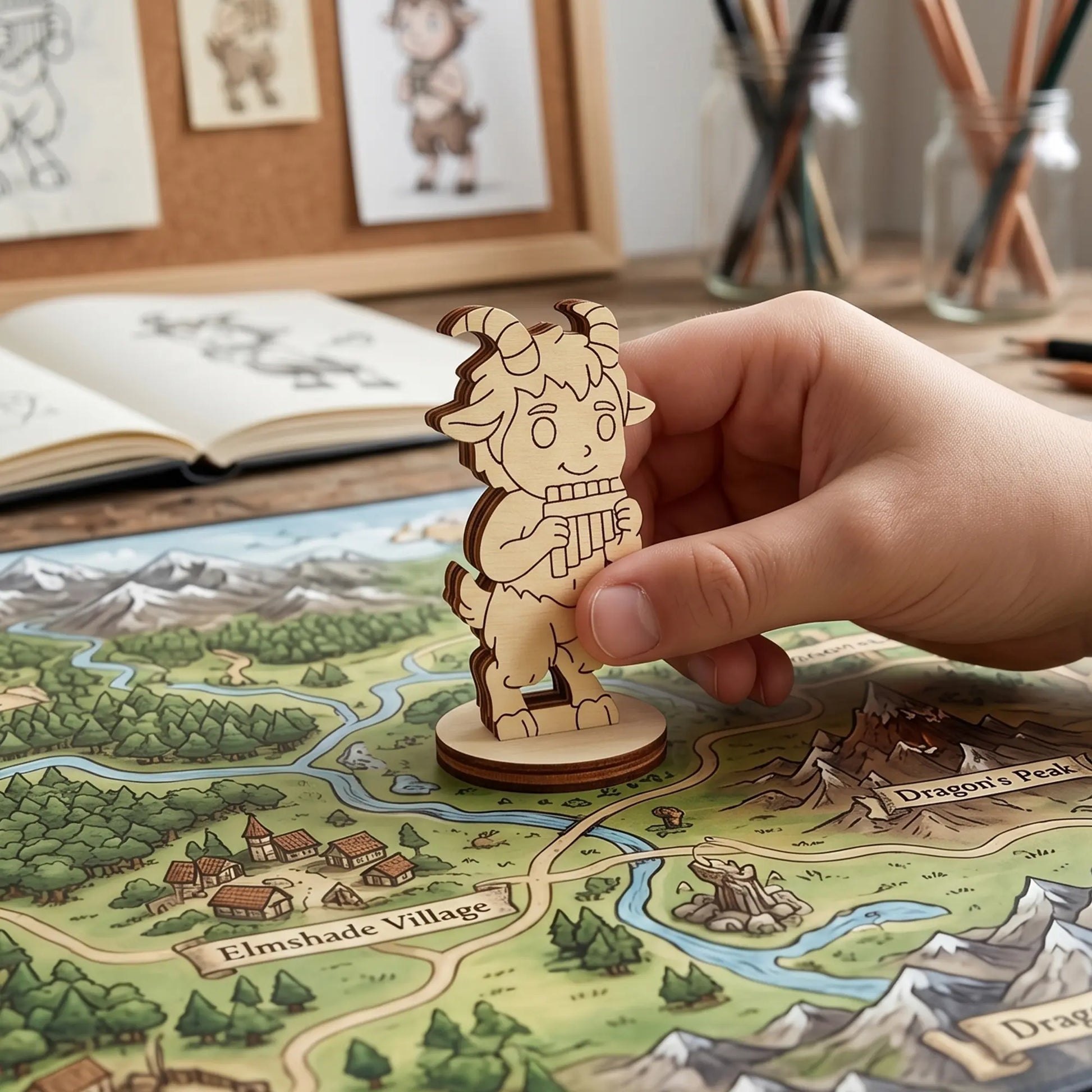 Hand holding a laser cut plywood faun figurine over a colorful fantasy map near Elmshade Village, showing miniature scale
