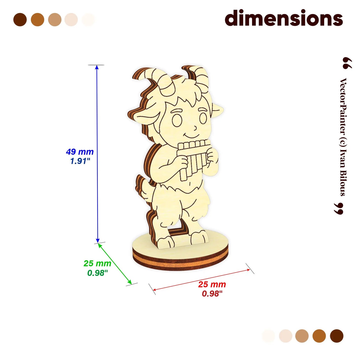 Dimensions of the laser cut plywood faun figurine: 49mm height and 25mm circular base diameter for tabletop gaming scale.