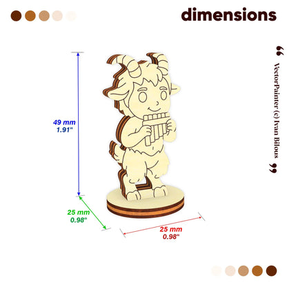 Dimensions of the laser cut plywood faun figurine: 49mm height and 25mm circular base diameter for tabletop gaming scale.