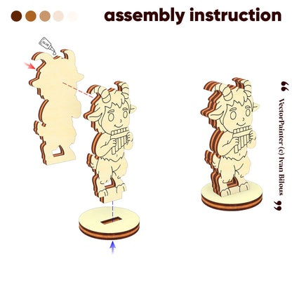 Assembly instruction for laser cut plywood faun figurine showing how to glue the body layers and attach the round base.
