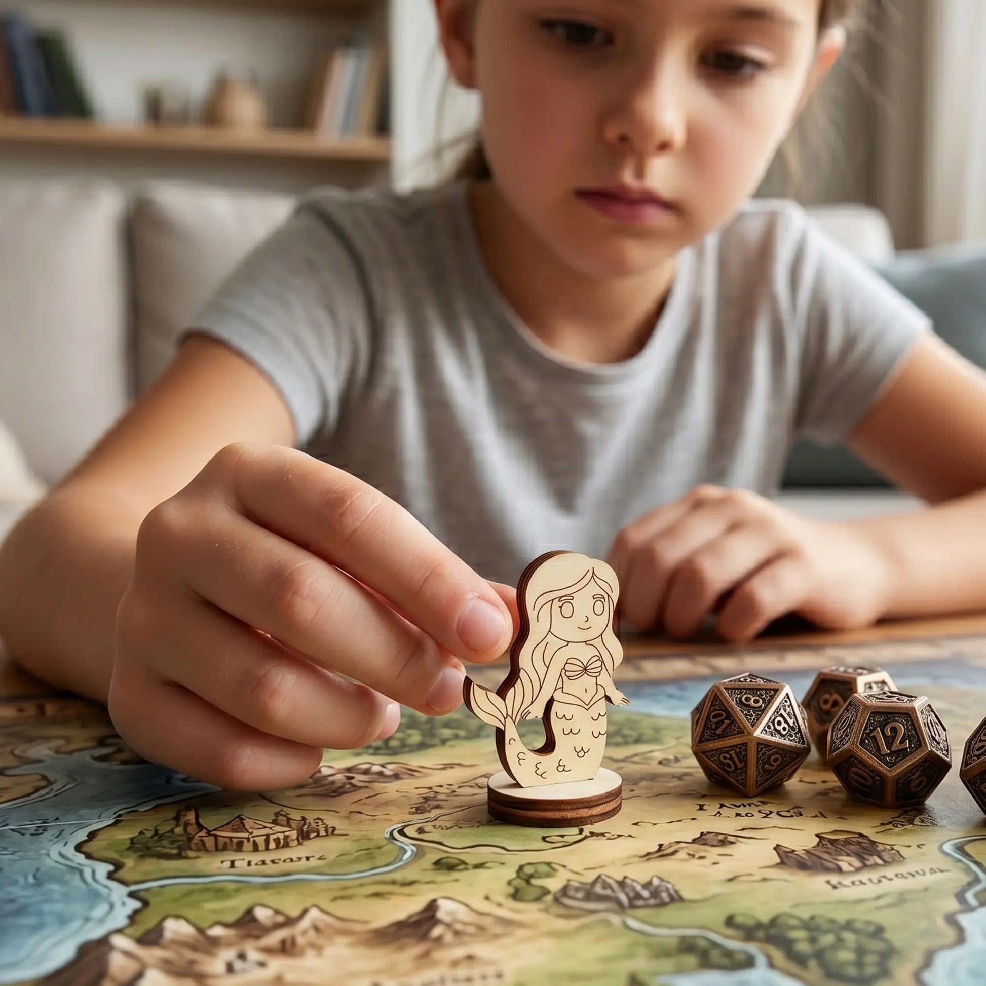 A girl's hand placing a laser cut plywood mermaid figurine on a tabletop RPG map near vintage bronze polyhedral gaming dice.