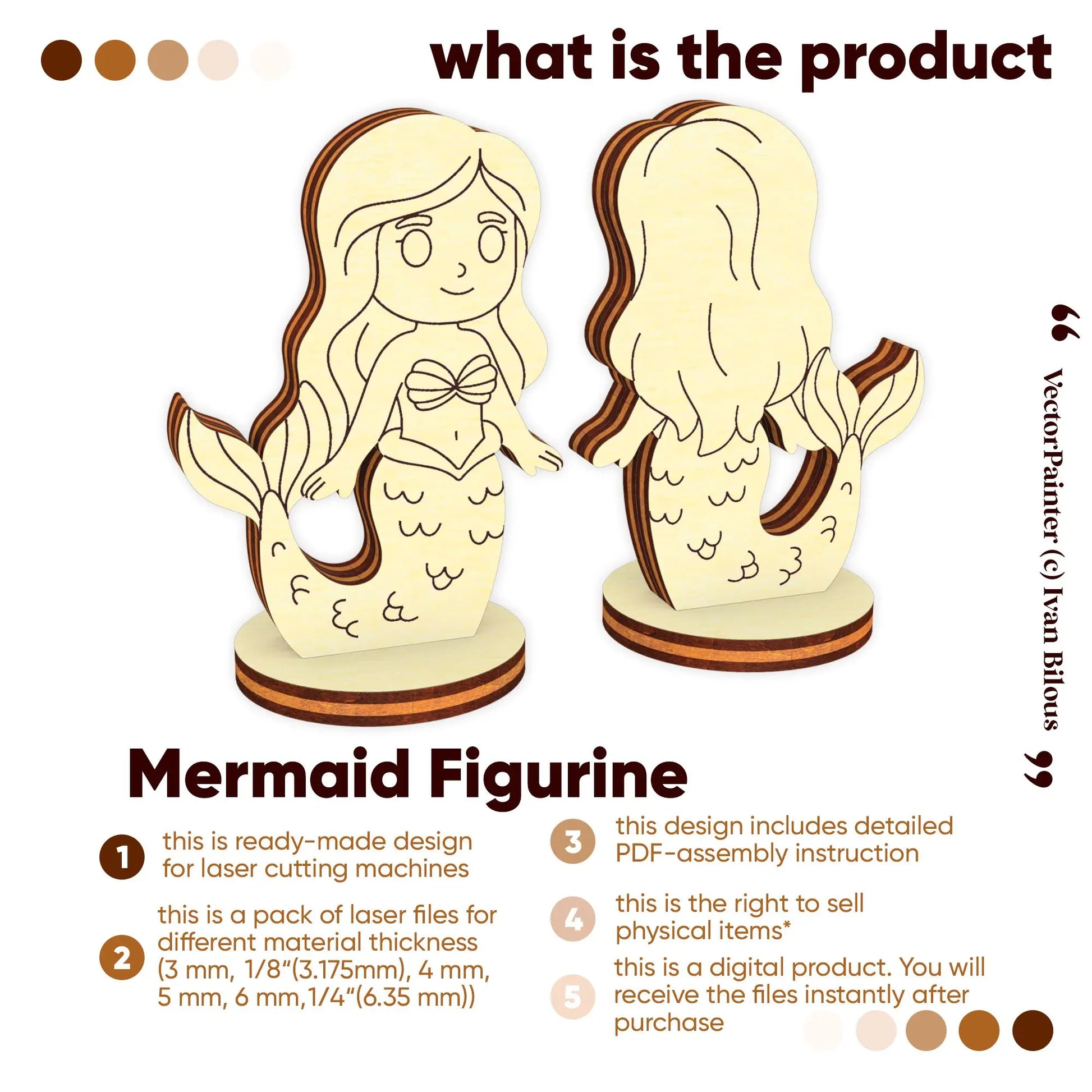 Digital product info: laser cut plywood mermaid figurine files for multiple wood thicknesses and detailed PDF instructions