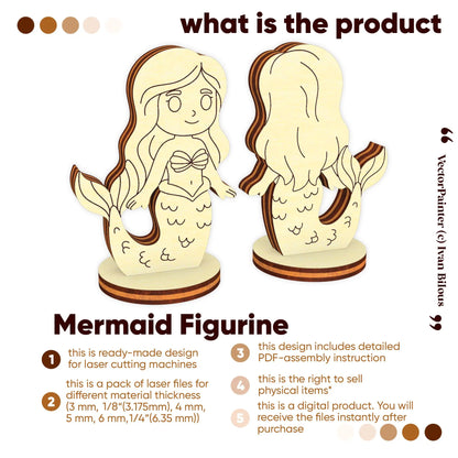 Digital product info: laser cut plywood mermaid figurine files for multiple wood thicknesses and detailed PDF instructions