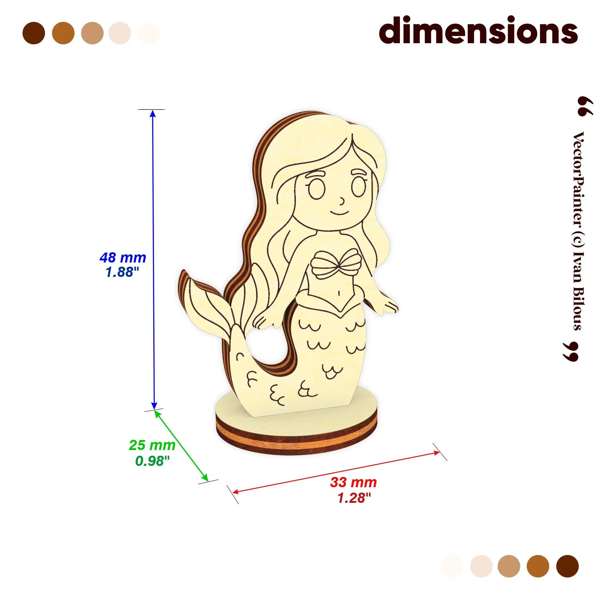 Detailed dimensions of the laser cut plywood mermaid: 48mm height, 33mm width, and 25mm base for tabletop gaming scale.