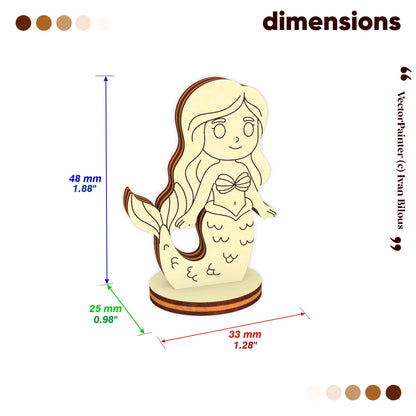 Detailed dimensions of the laser cut plywood mermaid: 48mm height, 33mm width, and 25mm base for tabletop gaming scale.