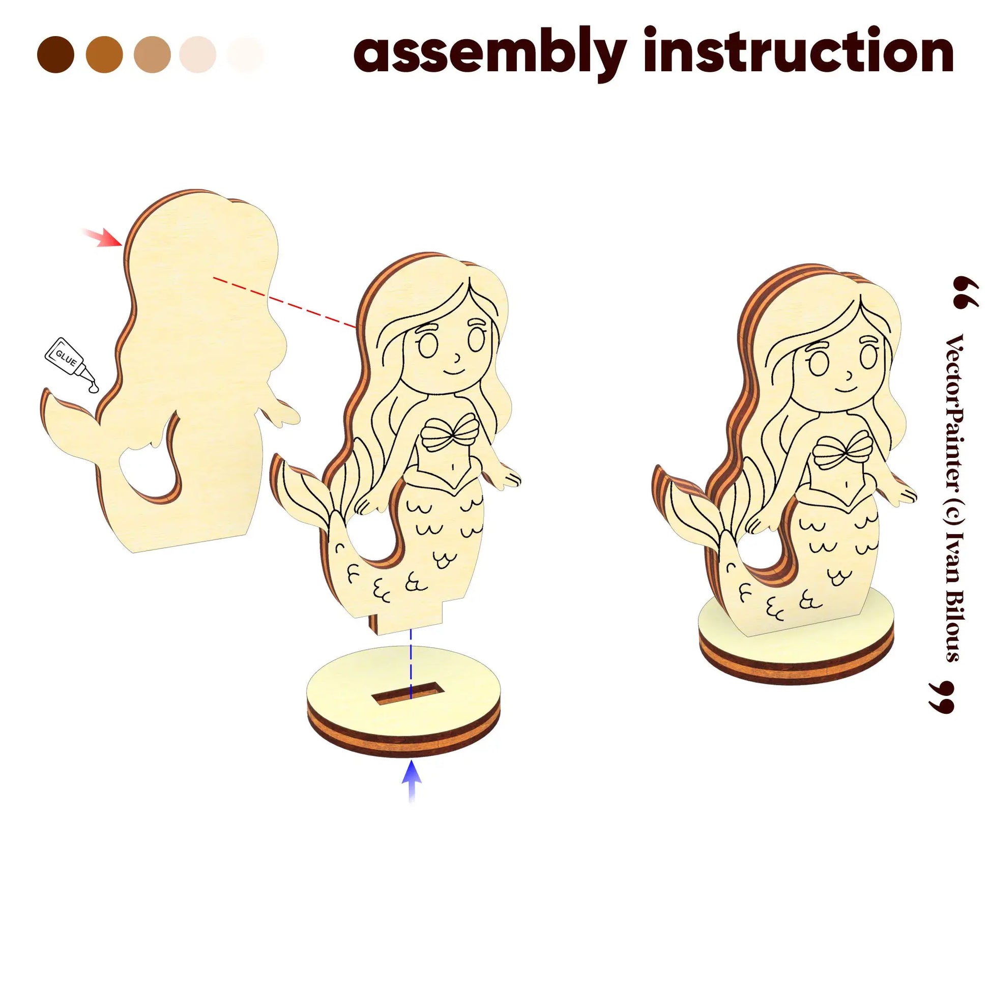 Simple assembly instruction for laser cut plywood mermaid showing how to glue wood layers and slot figure into the base.