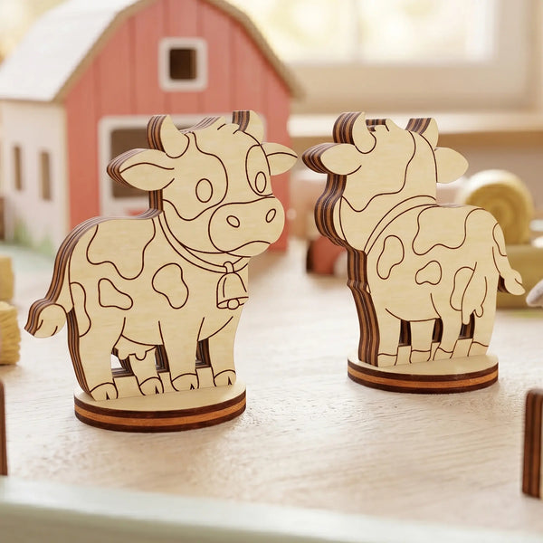 Front and back view of a miniature cow figurine made of laser cut plywood, standing in a toy farm setting.