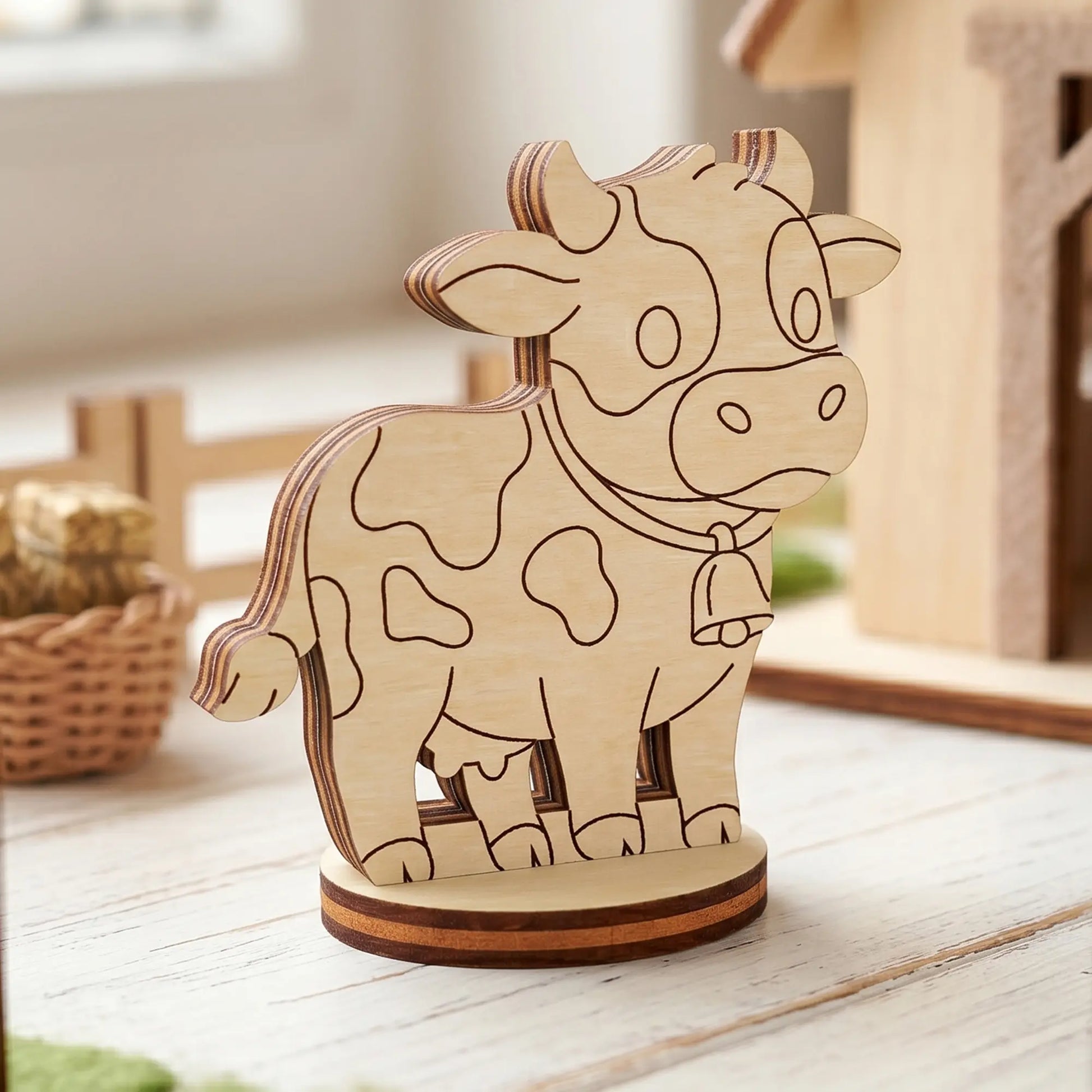 Miniature cow figurine crafted from laser cut plywood, staged indoors on a light wooden background.
