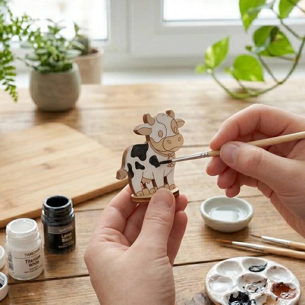 Close-up of hands painting black spots onto a miniature laser cut plywood cow craft token over a wooden work desk