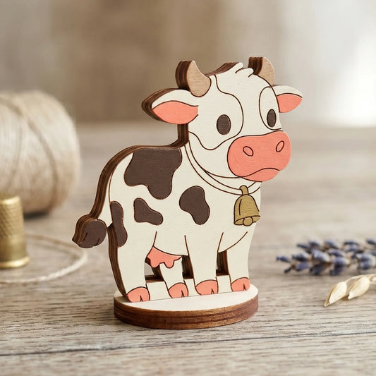 A hand-painted spotted miniature cow figurine with a bell, made of laser cut plywood and staged on a wooden table.