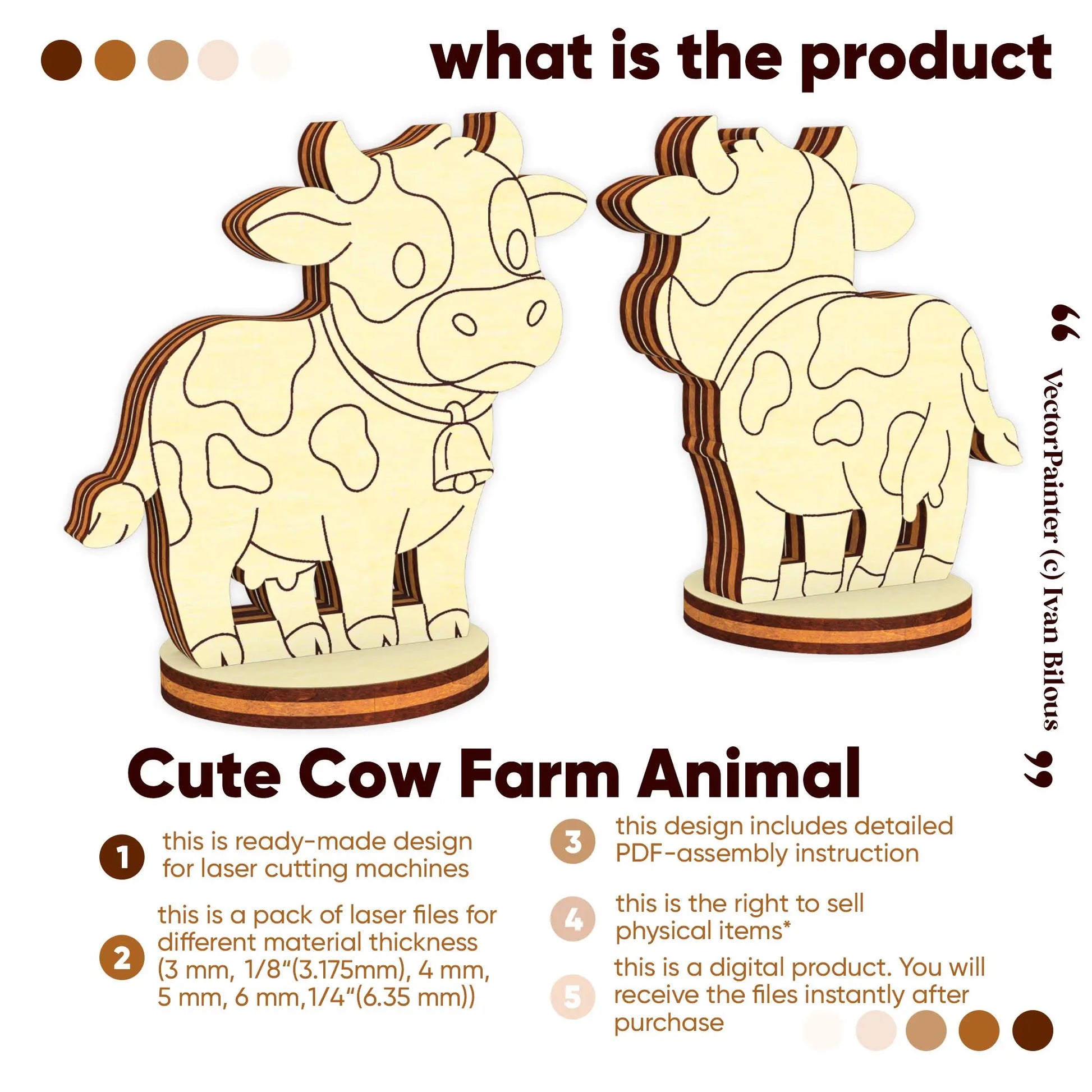Digital product preview for a cute cow figurine vector file, designed for laser cut plywood assembly.