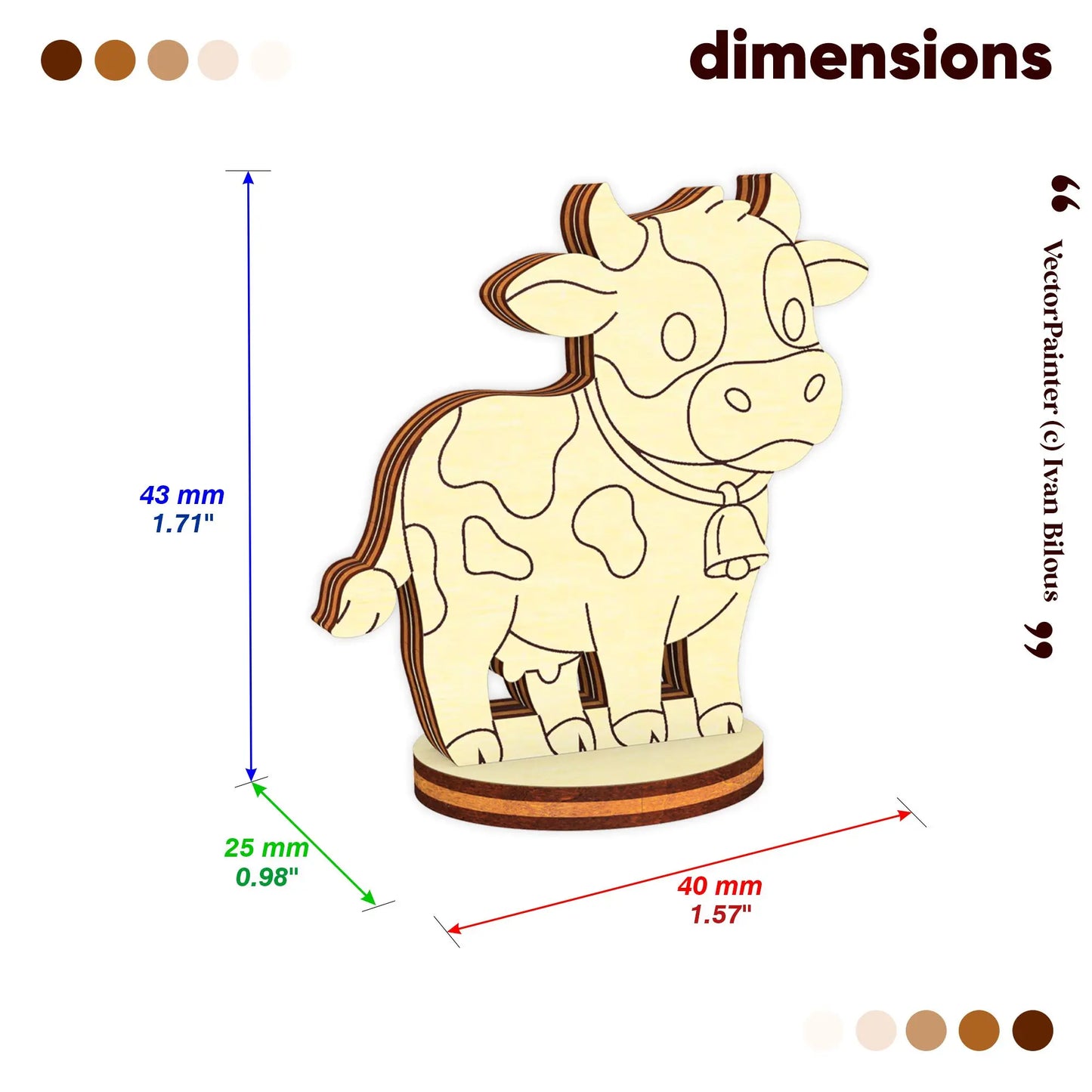 Technical graphic showing dimensions of a miniature cow figurine template designed for laser cut plywood.