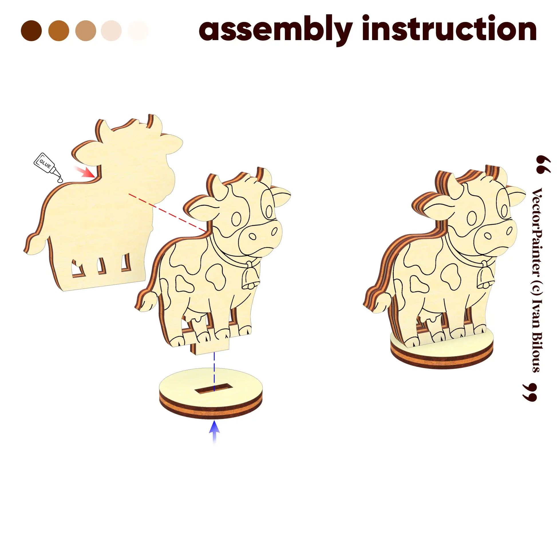 Step-by-step digital assembly instruction diagram for a miniature cow model made of laser cut plywood.