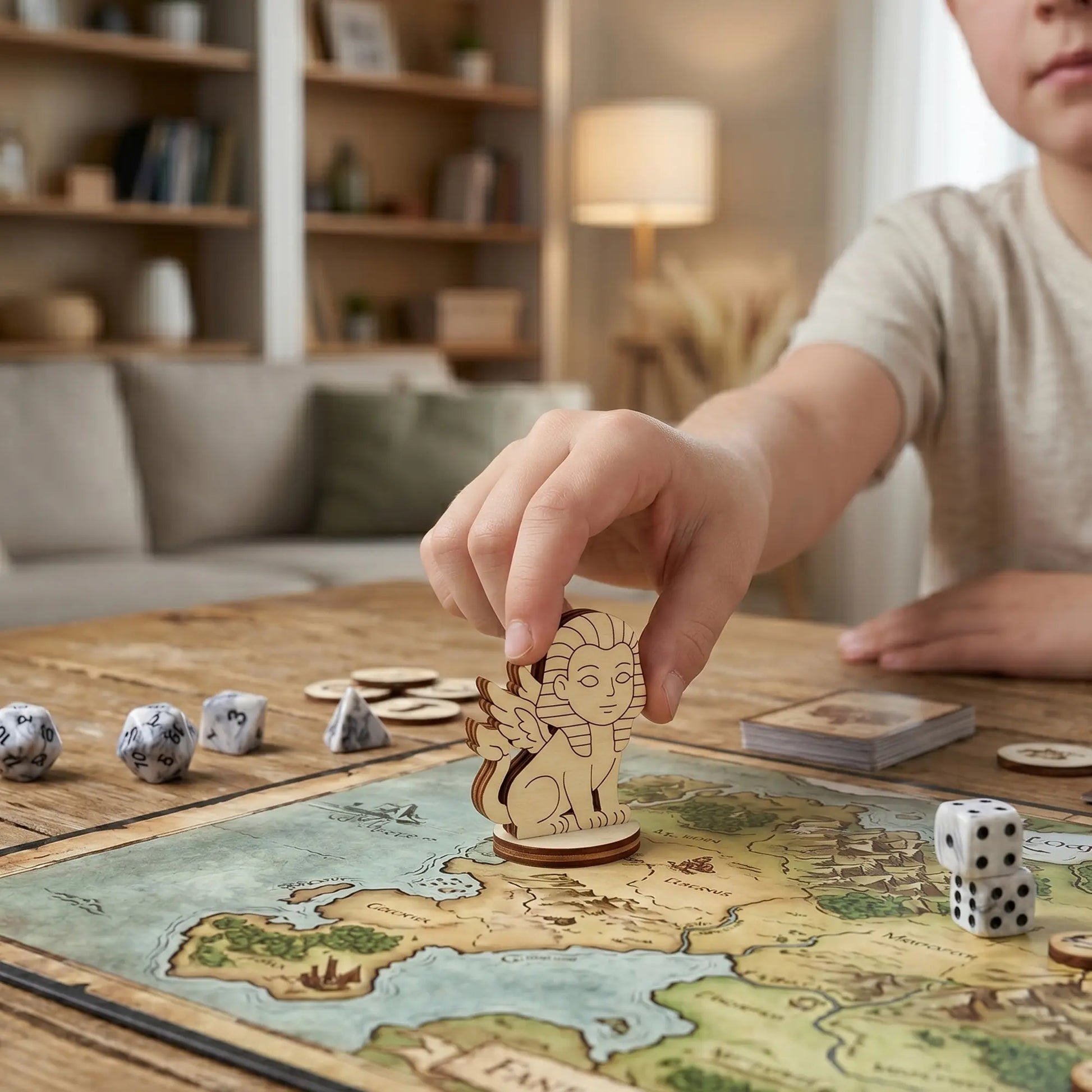 Child's hand placing a laser cut plywood sphinx figurine on a colorful world map during a tabletop board game session.