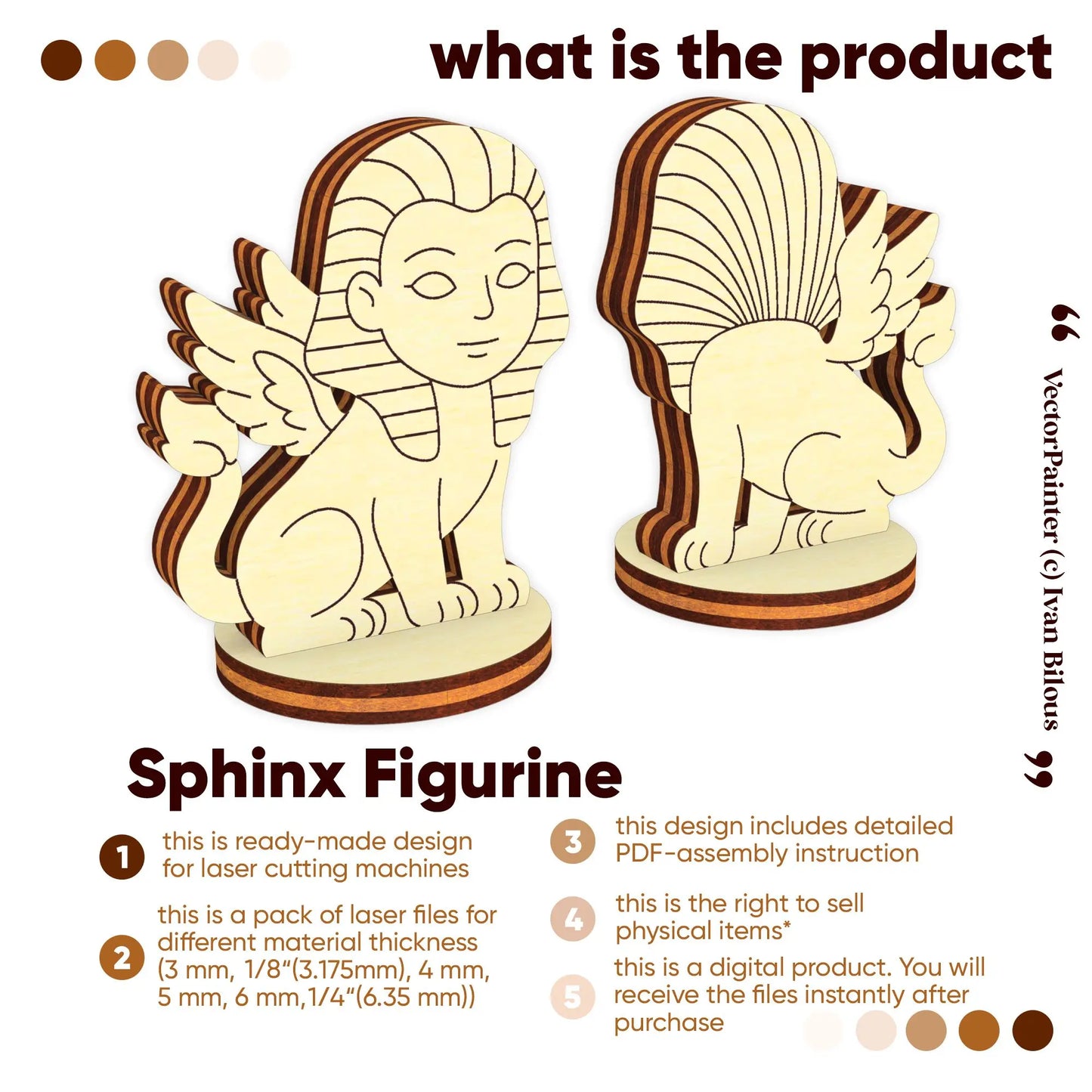 Laser cut plywood sphinx figurine digital product with files for 3mm to 6mm thickness and assembly instructions PDF.