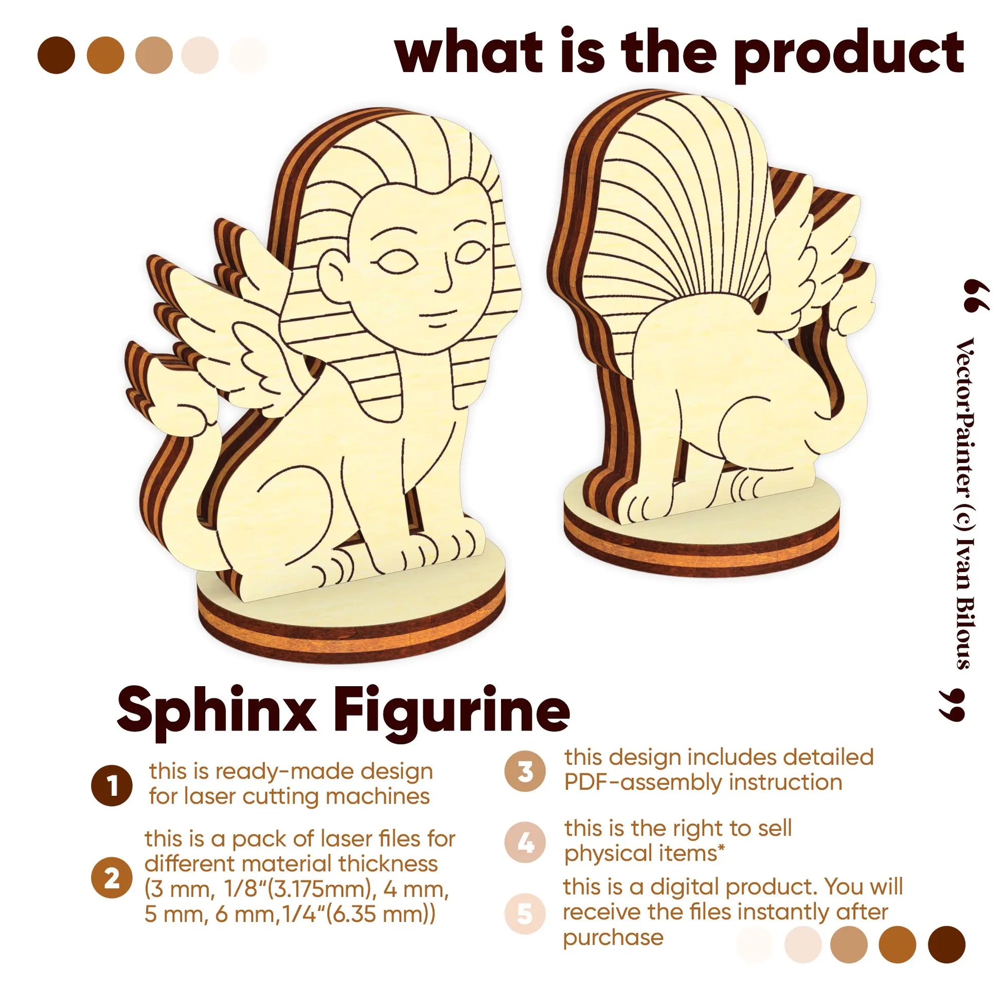 Laser cut plywood sphinx figurine digital product with files for 3mm to 6mm thickness and assembly instructions PDF.