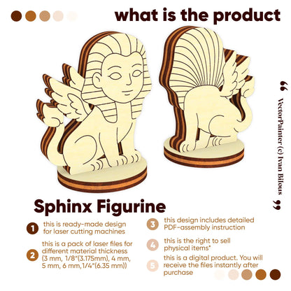 Laser cut plywood sphinx figurine digital product with files for 3mm to 6mm thickness and assembly instructions PDF.