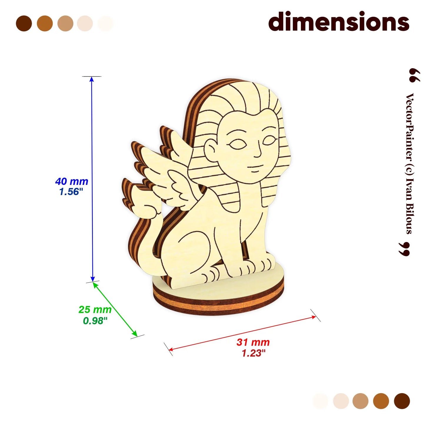 Dimensions of laser cut plywood sphinx figurine: 40mm height and 25mm base for miniature tabletop RPG game characters