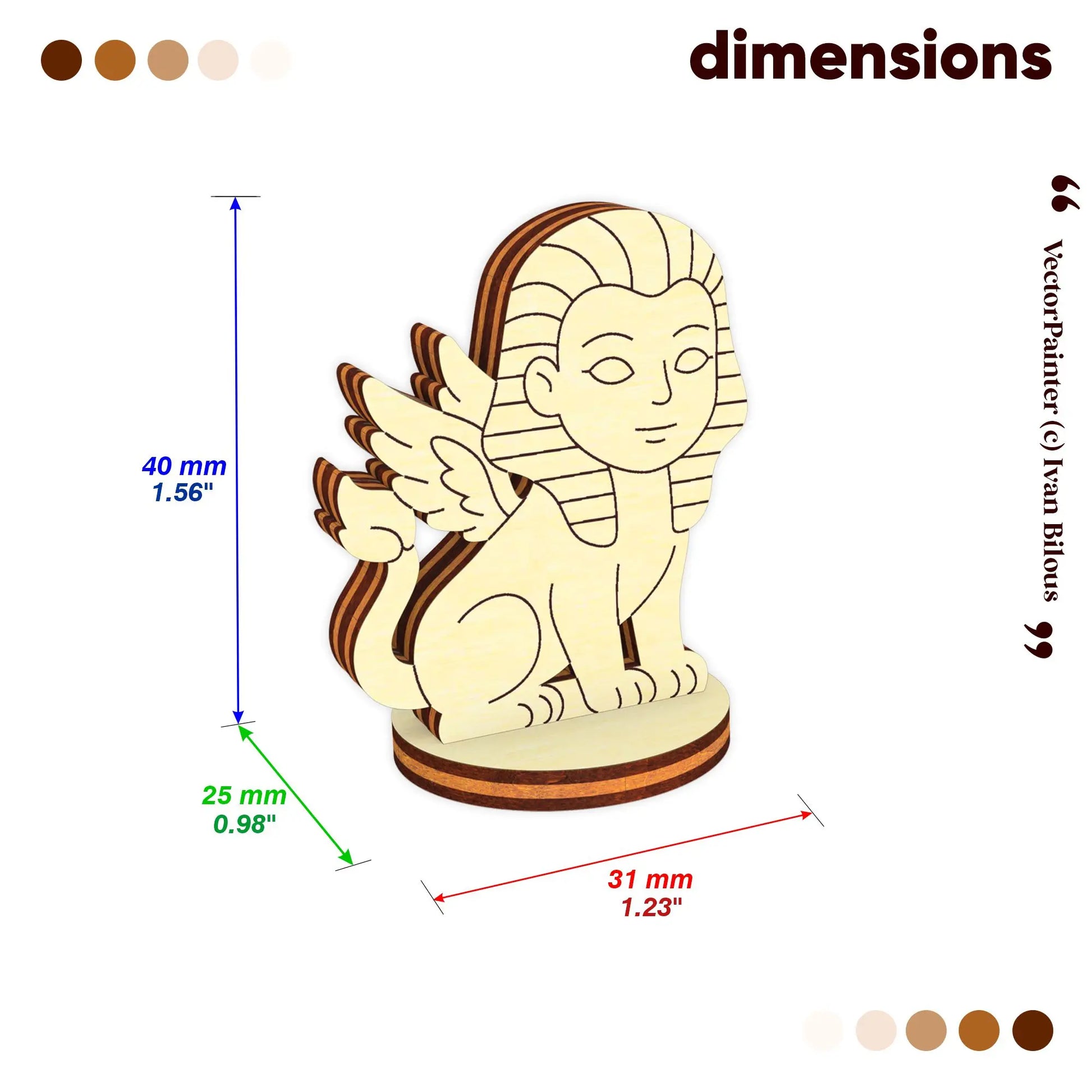 Dimensions of laser cut plywood sphinx figurine: 40mm height and 25mm base for miniature tabletop RPG game characters
