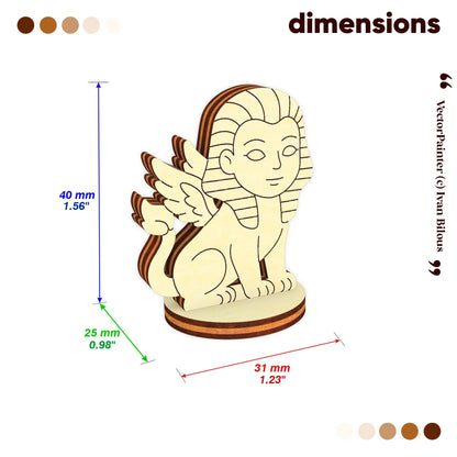 Dimensions of laser cut plywood sphinx figurine: 40mm height and 25mm base for miniature tabletop RPG game characters