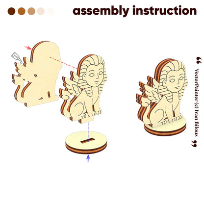 Assembly guide for laser cut plywood sphinx figurine showing gluing two wood layers and mounting on a circular stand