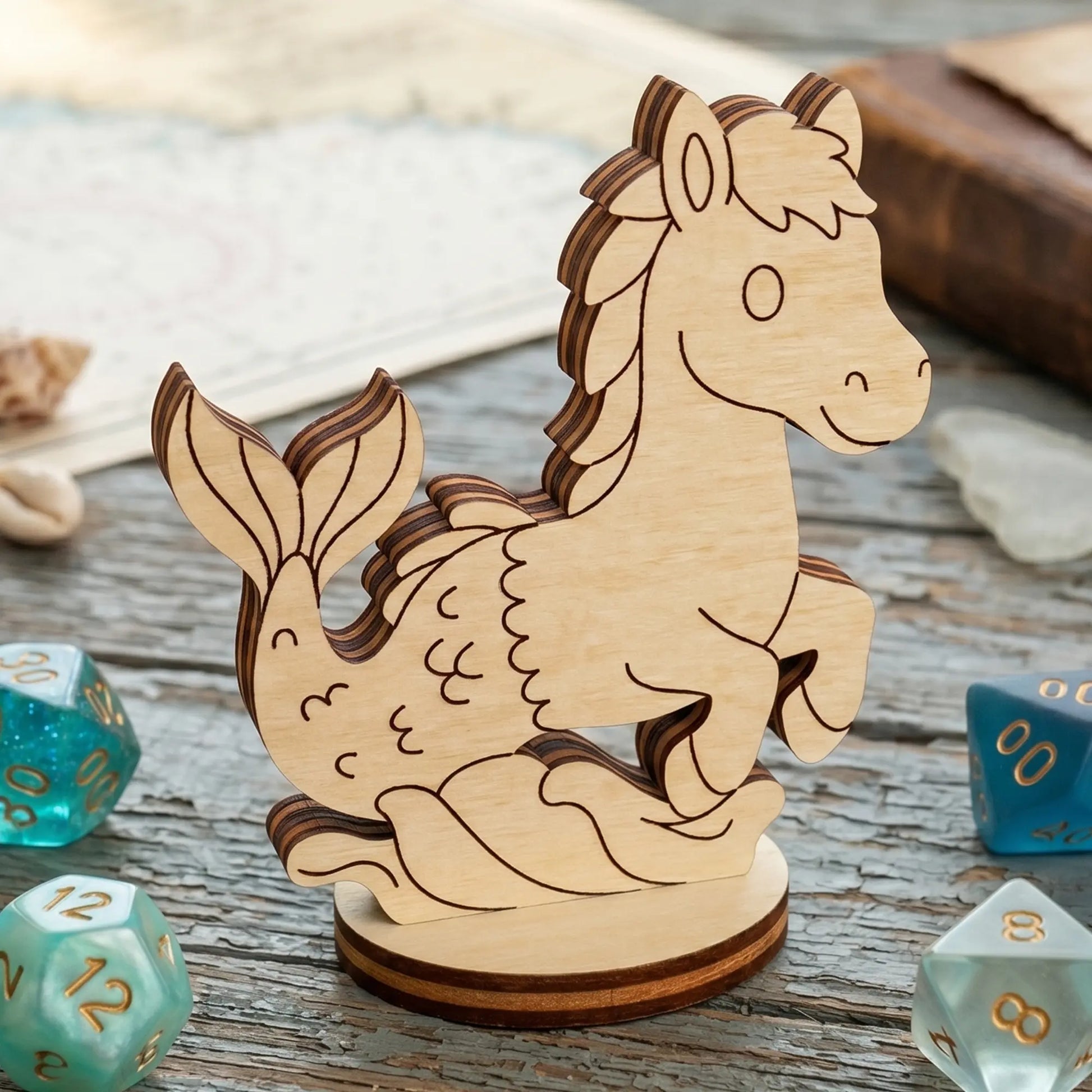 Close-up of a laser cut plywood mythical seahorse figurine with layered edges on a weathered table near sea shells and dice
