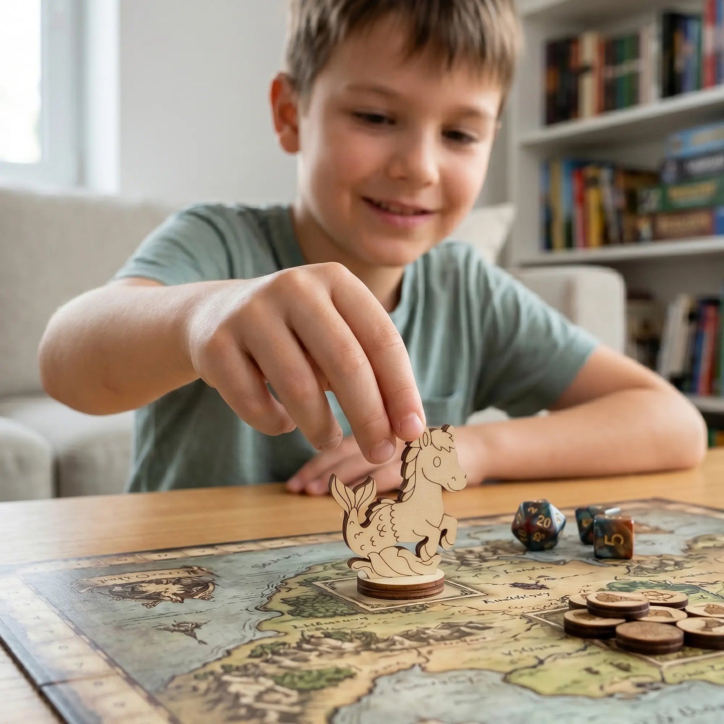 A young boy placing a laser cut plywood mythical seahorse figurine on a detailed fantasy world map during a board game