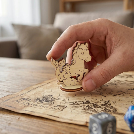 Adult hand holding a laser cut plywood mythical seahorse figurine over a dragon map to show the miniature tabletop scale