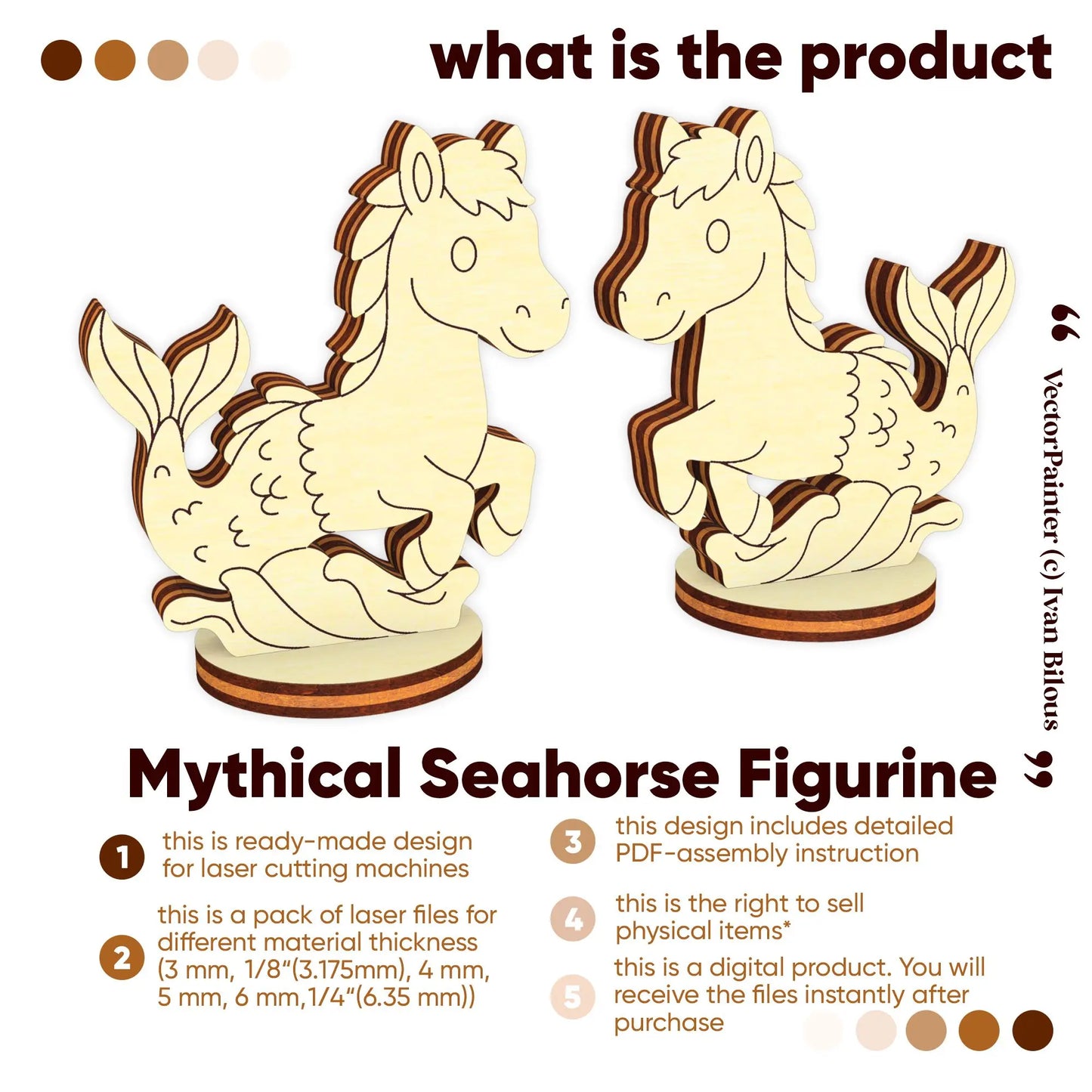 What is the product: laser cut plywood mythical seahorse digital files for multiple wood thicknesses and PDF instructions