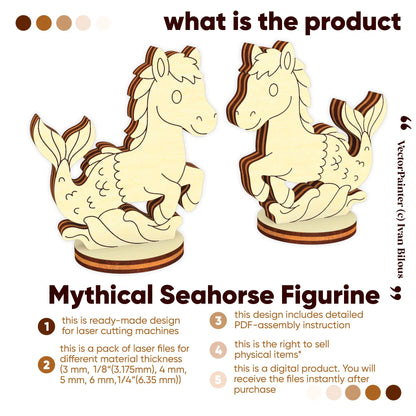 What is the product: laser cut plywood mythical seahorse digital files for multiple wood thicknesses and PDF instructions