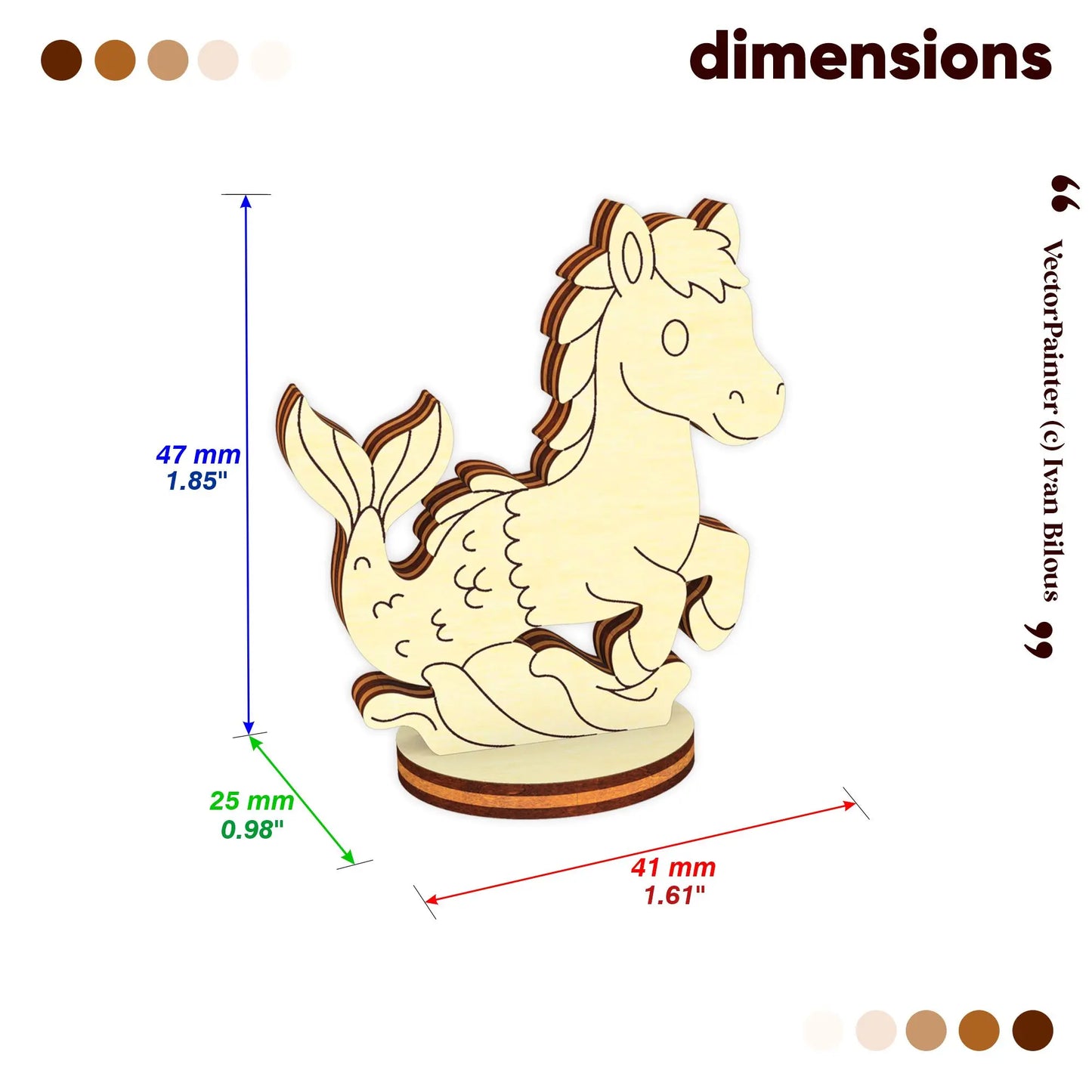 Technical dimensions of the laser cut plywood mythical seahorse figurine: 47mm height and 25mm circular base diameter.